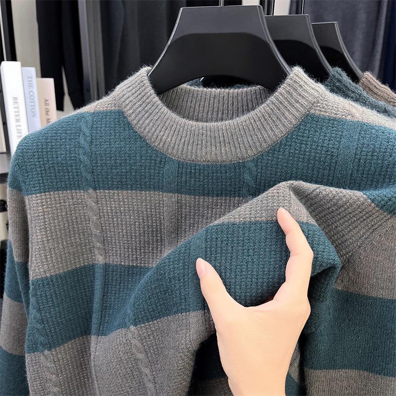 Men's Winter Striped Jacquard Crew Neck Long Sleeve Casual Knit Sweater