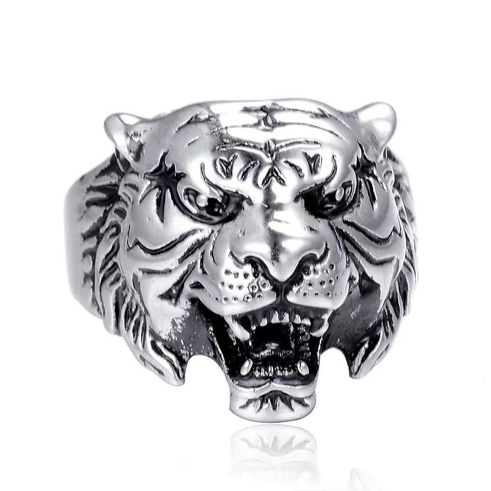 Sterling Silver Domineering Tiger Head Ring - Men s European & American Jewelry Adjustable
