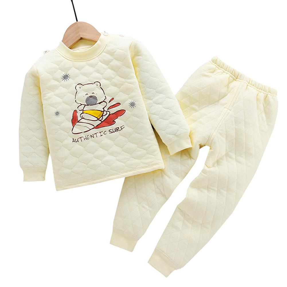 Children Three-layer Cotton Thickening Warm Two-piece Long-sleeved Round Neck Cartoon Print Bottoming Shirt + Trousers