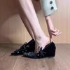 Slope Heel Shoes Summer Pointed Point Shallow Mouth Pointed Fabric Shallow Mouth Metal Chain Butterfly Knot Soft Soled Mid-heels