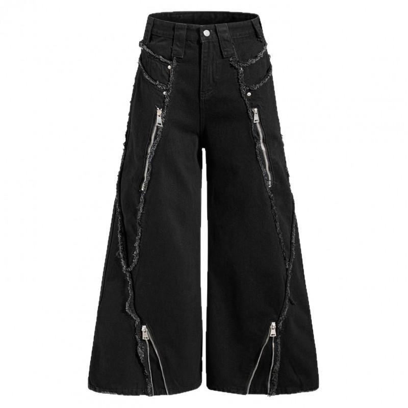 American High Street Heavy Duty Raw Edge Zip Flared Jeans Unisex Loose Straight Leg Denim Pants