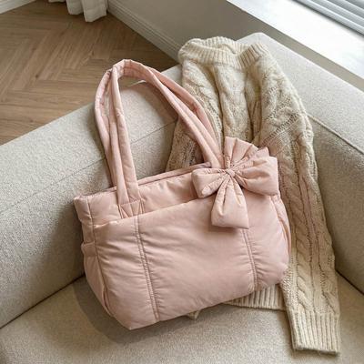 Tote Bag Bow Yoga Bag Winter New Embroidery Thread Checkered Space Bag Cotton Clothes Shoulder Tote Bag