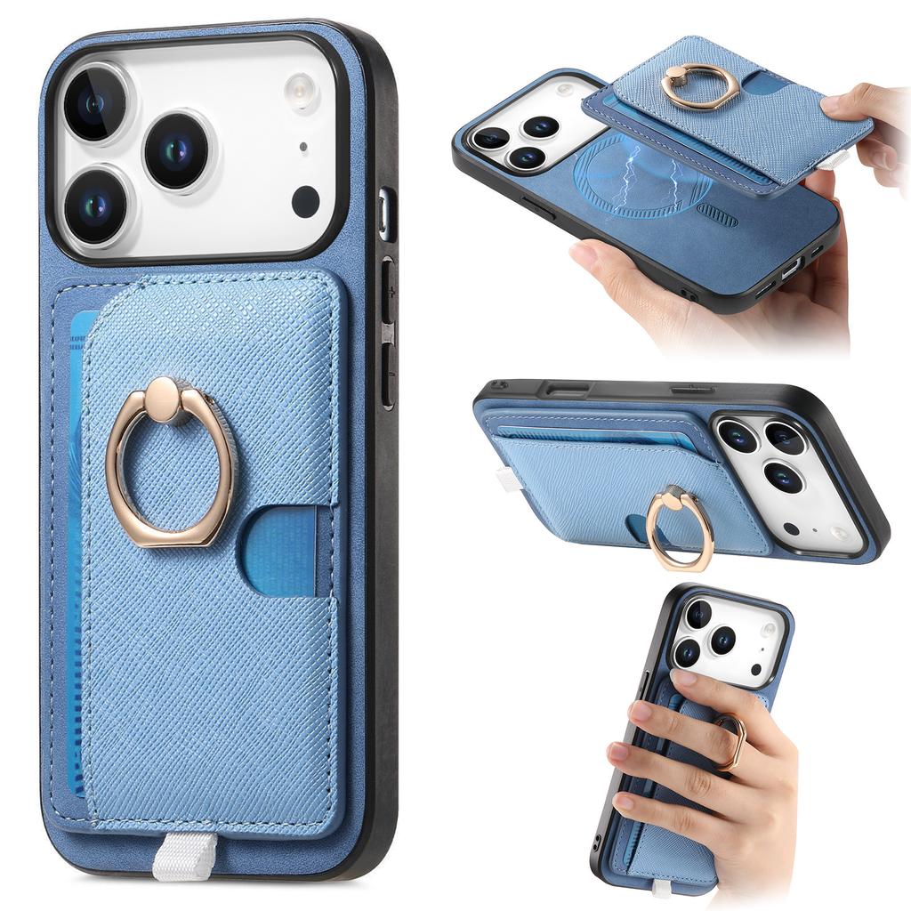 For iPhone 17 Pro Case Ring Kickstand Leather+TPU+PC Phone Cover Detachable Card Holder