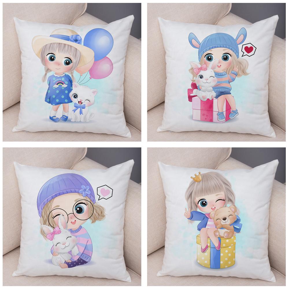 Children's Room Sofa Home Pillowcase Cute Cartoon Girl and Cat Pillowcase Decoration Cute Animal Cushion Cover