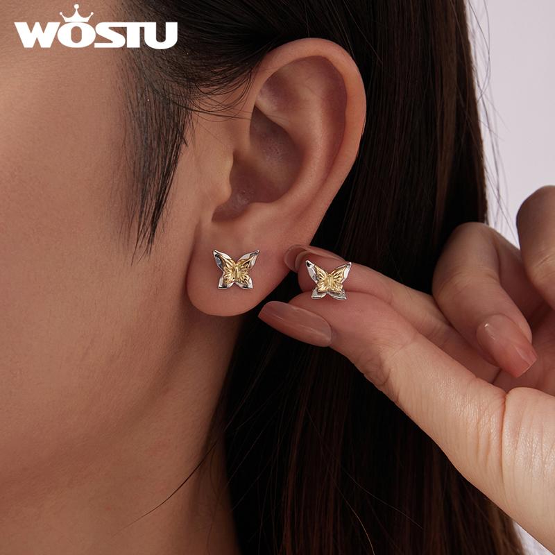 WOSTU Minimalist 925 Silver Butterfly Stud Earrings Gold Plated Two-Tone Ear Studs Hypoallergenic Cute Gift for Women Teens