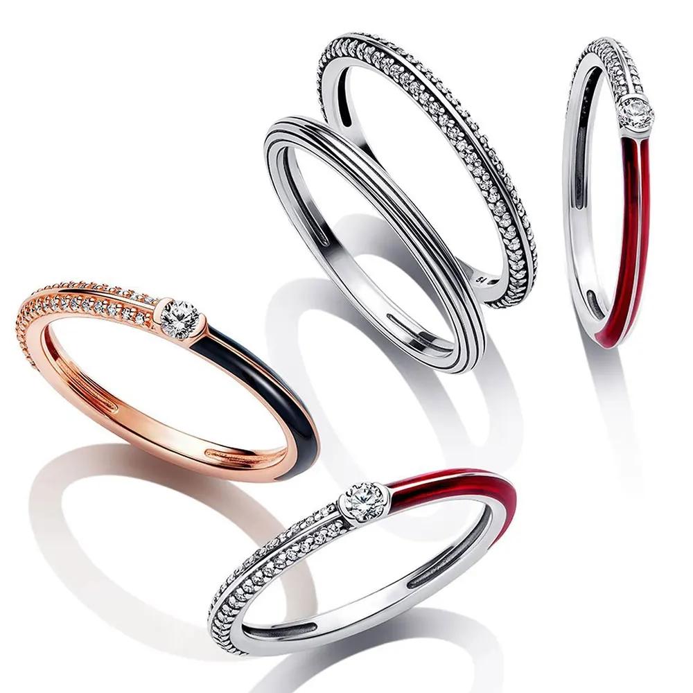 925 Sterling Silver Plated Ring Elevated Red Heart With Colorful Crystal Rings For Women Valentine's Birthday Gift DIY Jewelry