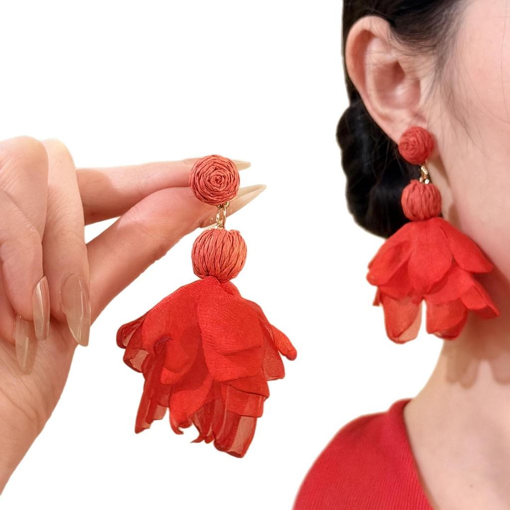 Korean Style Chiffon Flower Pearl Stud Earrings - Light Luxury High-End Raffia Steel Needle Accessories for Women