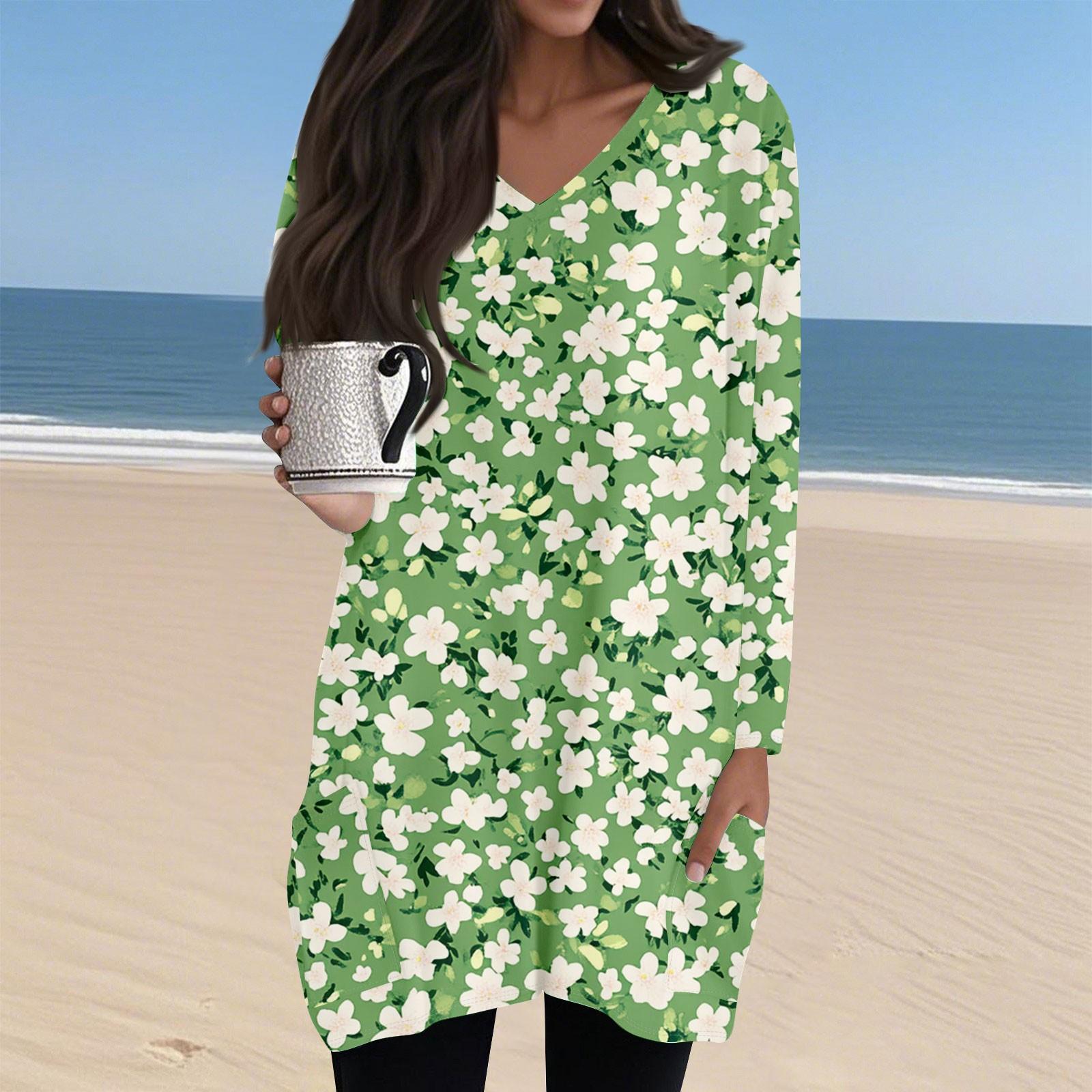 

Женский повседневный и модный топ с V-образным вырезом, цветочным принтом, средней длины, с карманом и длинными рукавами XXL