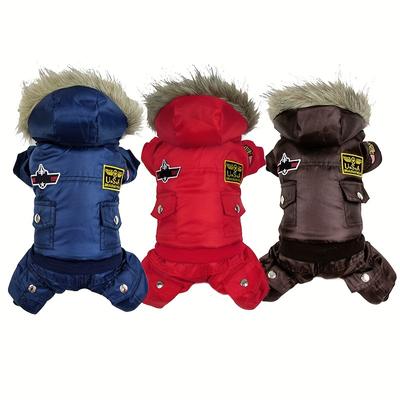 Thickened Winter Dog Jumpsuit for Small Breeds with Hood and Faux Fur Collar, Waterproof and Warm Pet Clothes