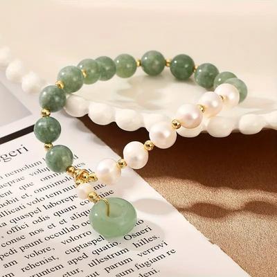 Dongling Jade, Hotan Jade, Green Chalcedony, Safety Clasp Pendant Bracelet, Natural Freshwater Pearl, Crystal Beads, Bracelet Girl