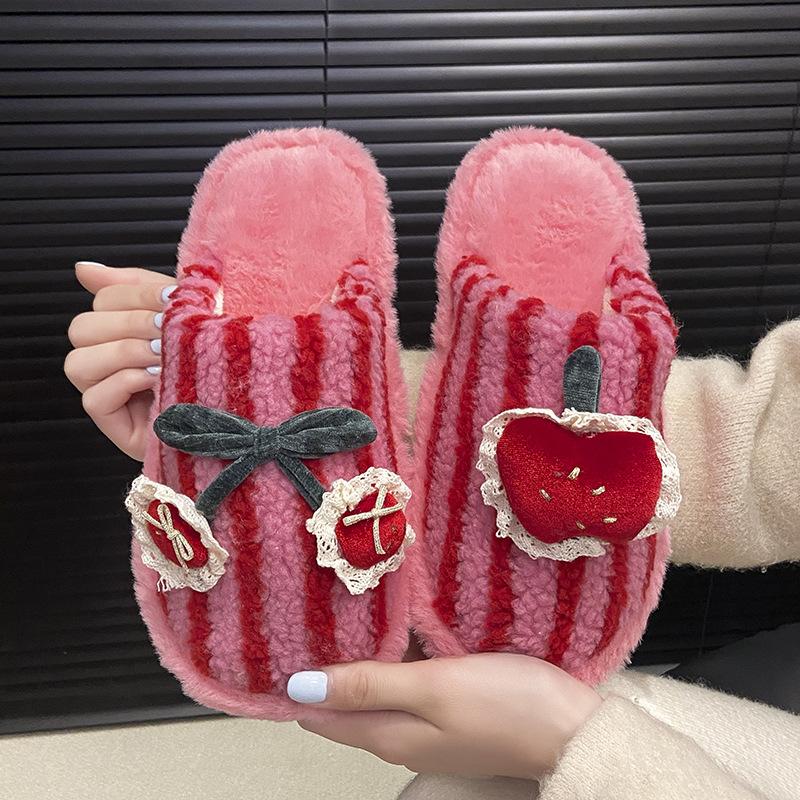 Korean personality cute kitten couple hairy shoes casual winter women's shoes fun home contrasting striped cotton slippers