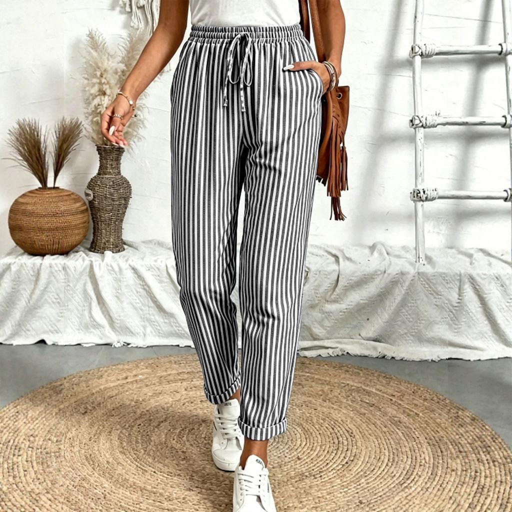 Women's Striped Drawstring Elastic Waist Casual Pants with Pockets Loose Fit