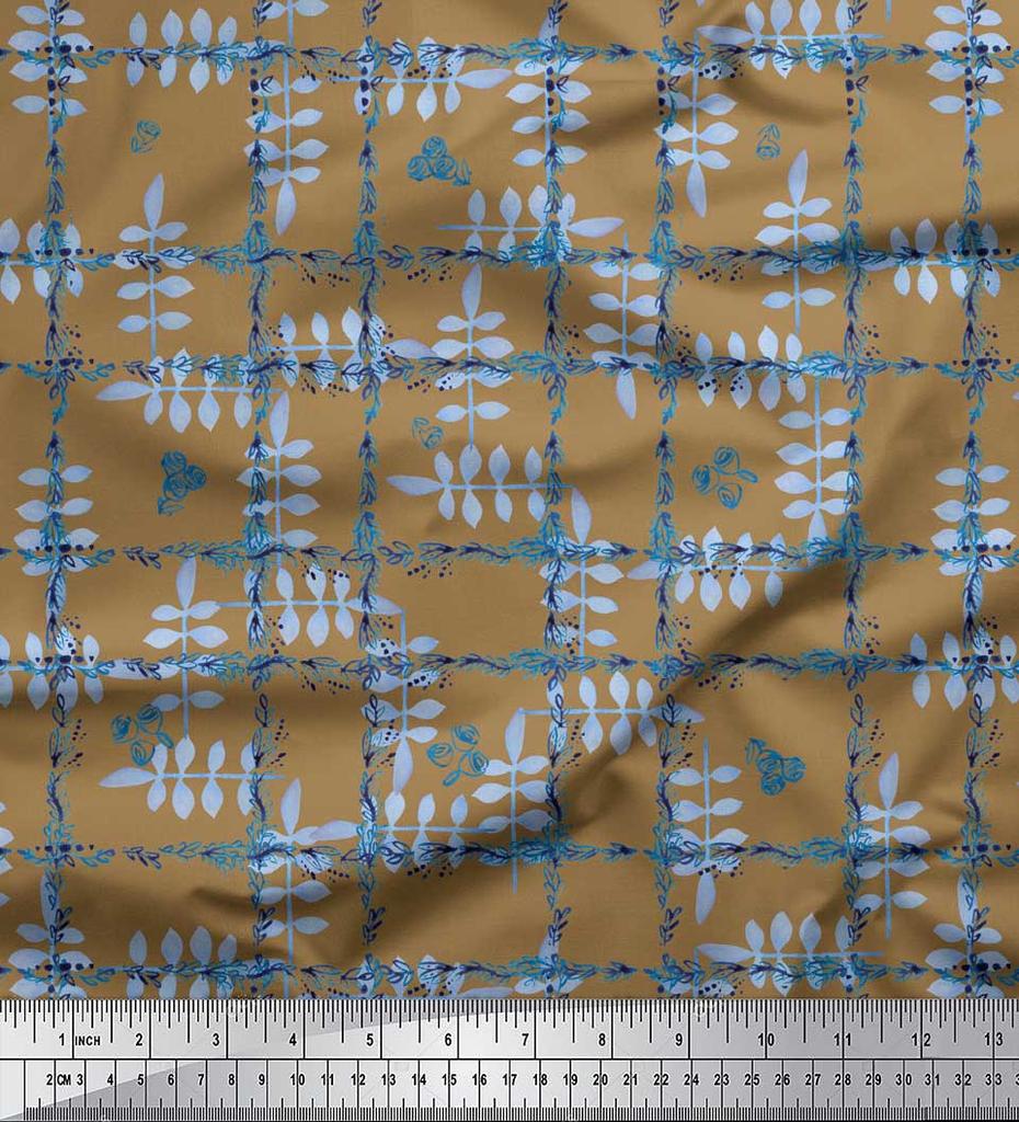 Soimoi Schwarzer Japanischer Krepp-Satin Stoff Blätter & Floral Karomuster Stoff pro Meter 42 Zoll