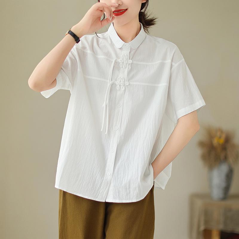 

Stylish Loose-Fit Cotton Short-Sleeve Shirt with Chinese Frog Buttons - Plus Size Trendy Niche M белый