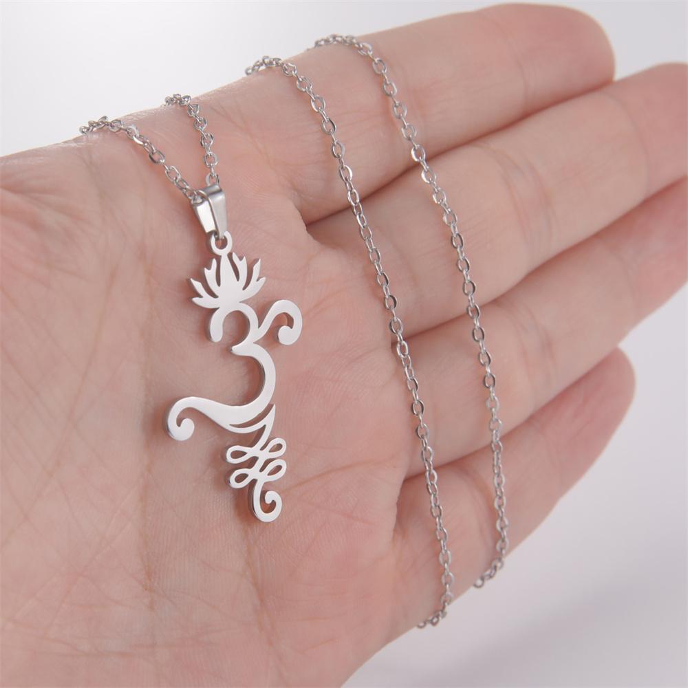 Lotus Flower Yoga Pendant Necklace Stainless Steel Om Unalome Symbol Necklaces for Women Men Buddhist Amulet Jewelry