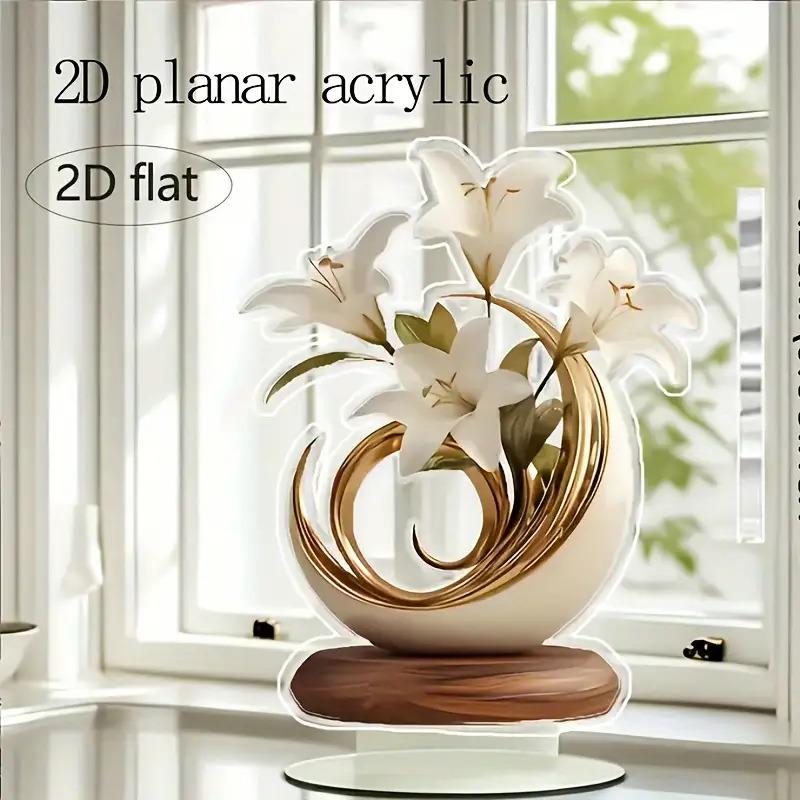 1 Elegant Crystal Vase with White Lily and Gold Decoration -2D Flat Living Room, Office Decoration | Perfect for Home Decoration