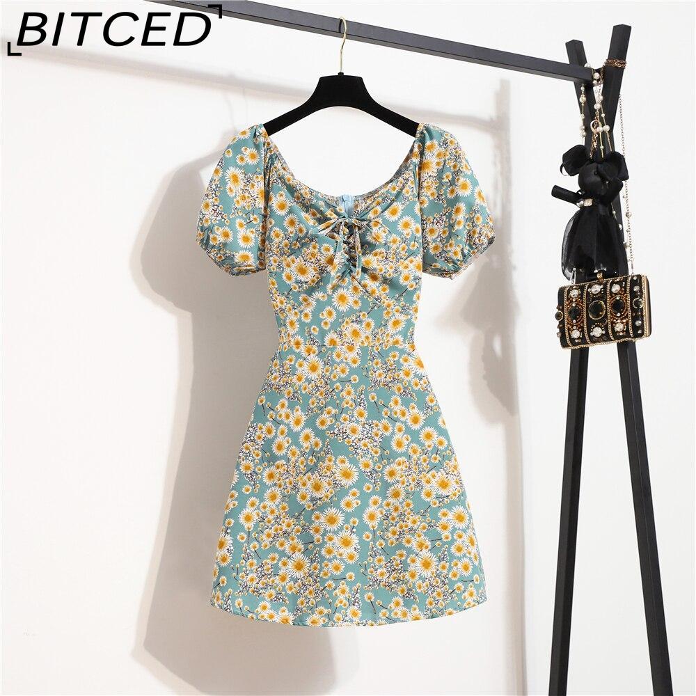 

Богемные женские мини-сексуальные платья, летние платья с цветочным принтом и плиссированными оборками, элегантные короткие платья с рукавами-фонариками, корейские женские платья Vestidos XL