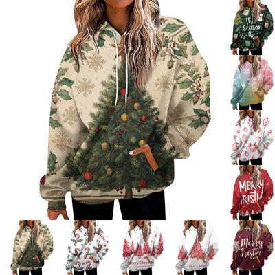 Damenmode Sweatshirt Weihnachtsdruck Lässiges Kapuzensweatshirt mit Taschen