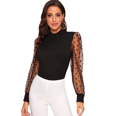 Blusa de manga larga con encaje elástico, holgada y transparente con lunares para mujer