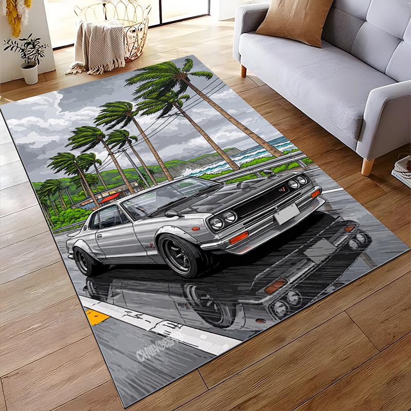 Retro Car and Palm Tree Design Carpet for Living Room Decor, Gray Suitable for Use As an Anti-slip for Living Room Bedroom Sofas
