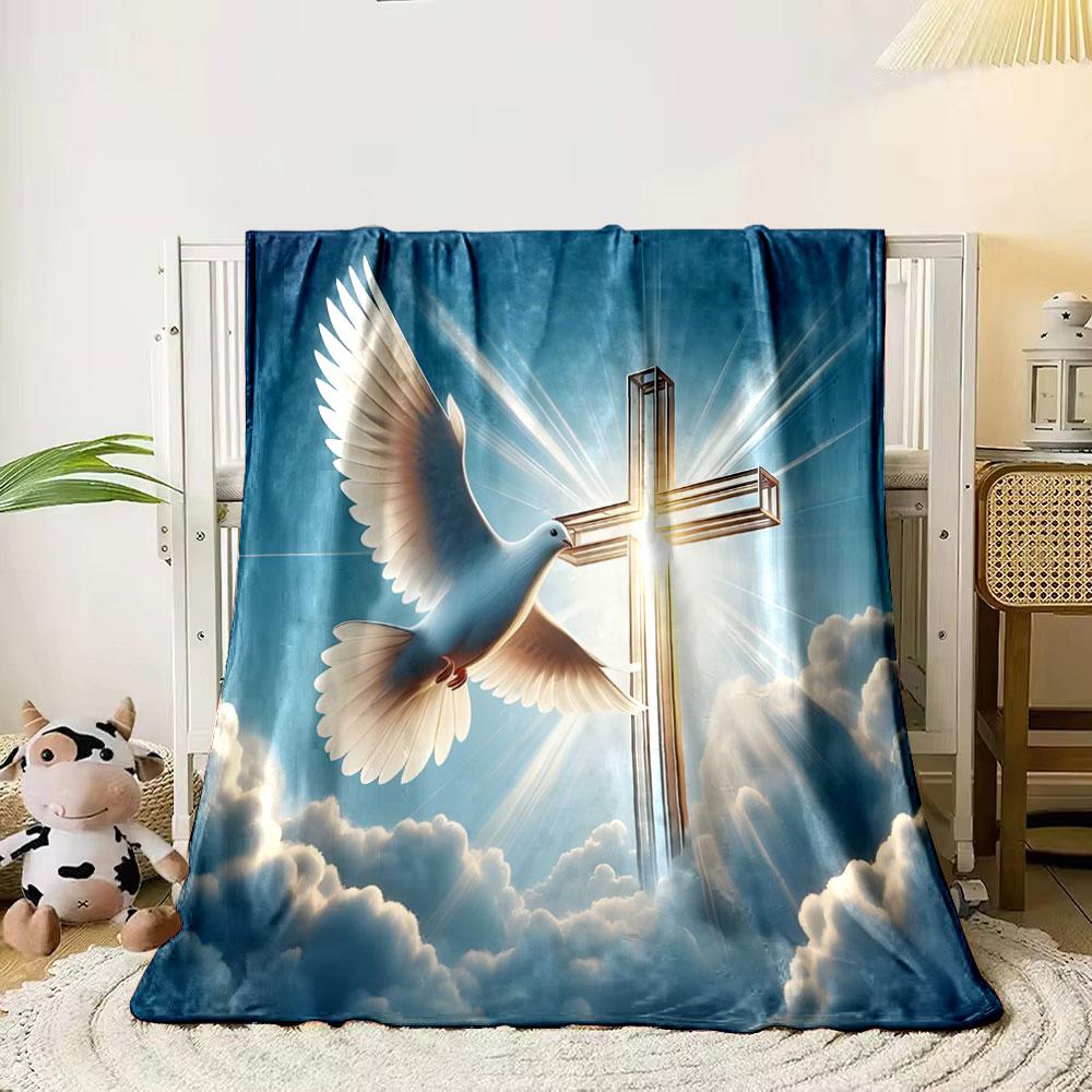 Dove flying near a radiant cross amidst clouds and blue sky. for all seasons blanket lunch break throw gift 80cm x 120cm