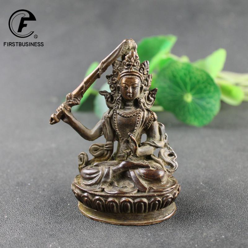 Antique Copper Tibetan Buddhism Holding Sword Manjushri Bodhisattva Buddha Statue China Crafts Collection Home Desktop Ornaments