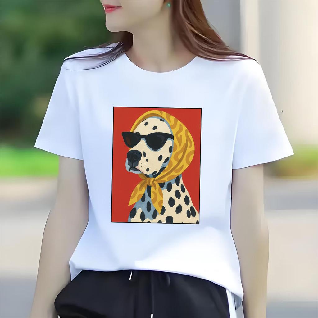 Modisches Cartoon-T-Shirt mit gesprenkeltem Hundeprint, lässig, kurzärmelig, Rundhalsausschnitt, für alle Jahreszeiten geeignet, vielseitiges Damen-T-Shirt