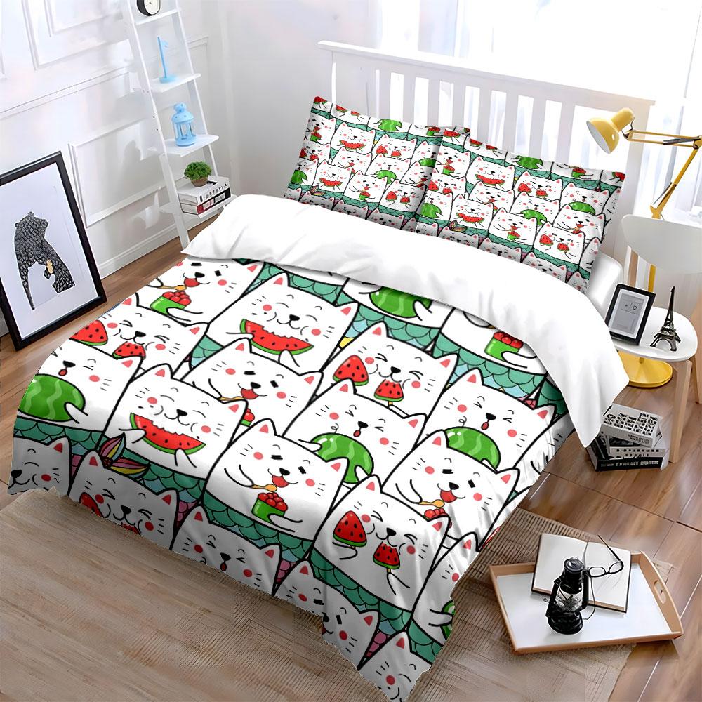 Cute Cat Watermelon Pattern Bedding Duvet Cover Set Duvet Cover Pillowcases (1*Duvet Cover 2*Pillowcases, without duvet insert)