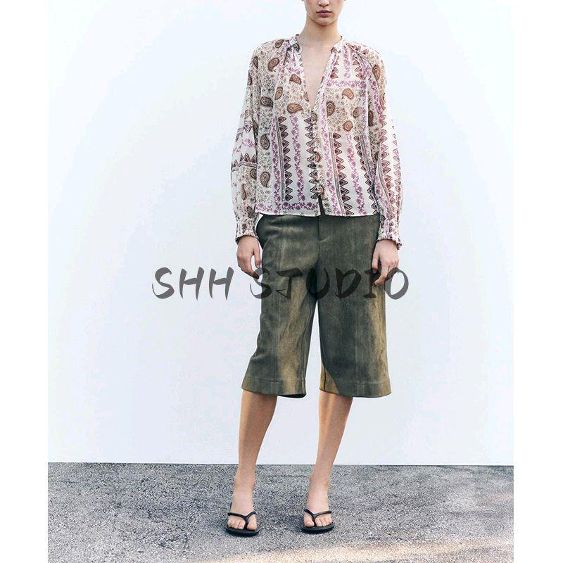 Spring New Women's Clothing Retro Style Patchwork Print Translucent Holiday V-neck Shirt Tops 2556198