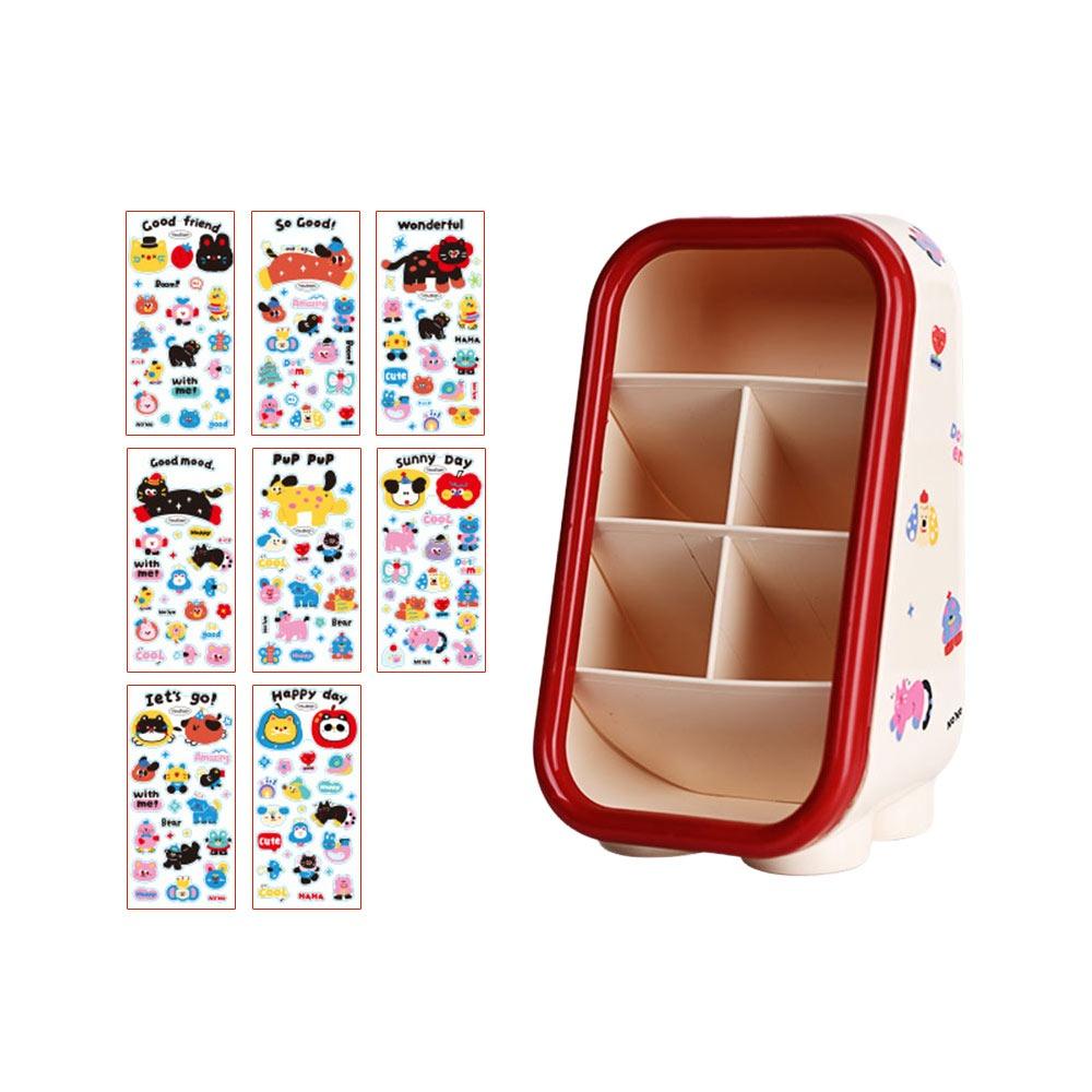 Fashion Dopamine Stationery Storage Box Large Capacity Cartoon Pattern Cosmetics Storage Box Multi Grid with Stickers Pen Holder