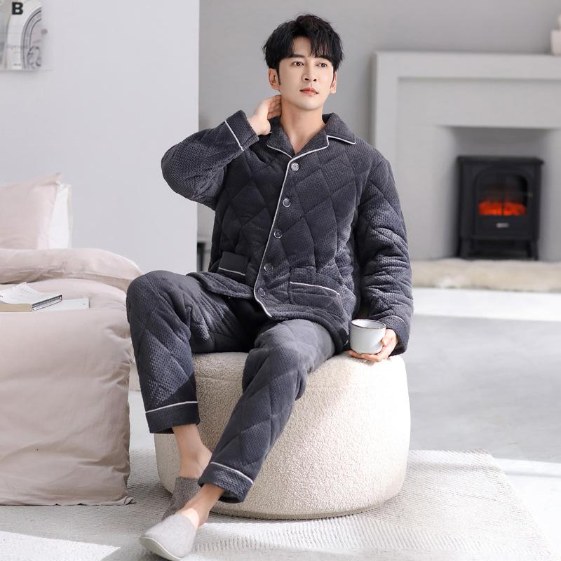 Pajamas Men'S Winter Winter Three-Layer Fleece Thickened Warm Clip Padded Jacket Large Size Coral Fleece Homewear Set Winter
