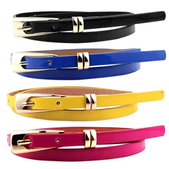 Fashion Women Candy Color Thin Narrow Faux Leather Dress Belt Buckle Waistband