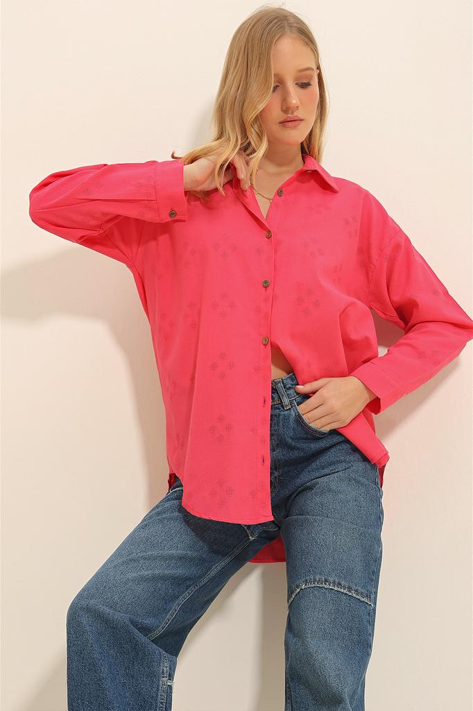 Damen Hemd Neue Saison Mode Fuchsia Motiv Oversize Leinen Hemd