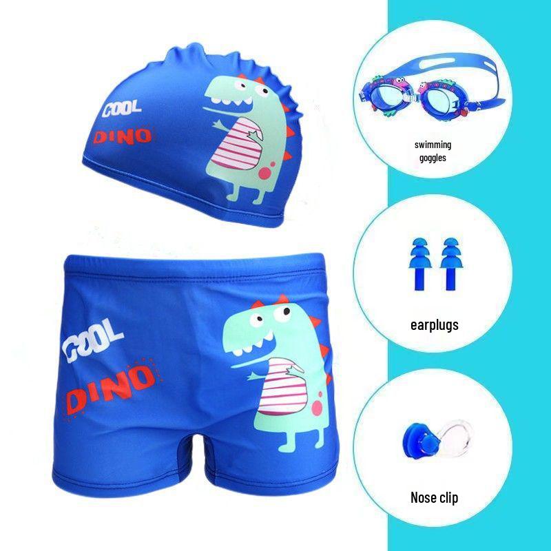 Kids' Quick-Dry Swim Trunks & Cap: Cartoon Square Leg, Small To Large Sizes for Boys & Teens