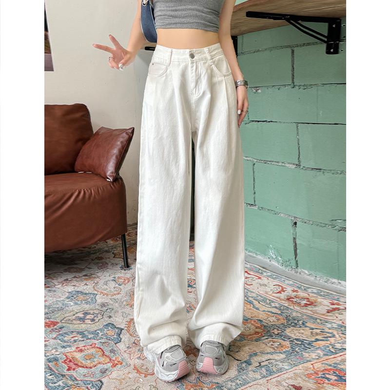 

Женские белые плиссированные джинсы с широкими штанинами - Весенне-осенние свободные драпирующиеся брюки прямого кроя M