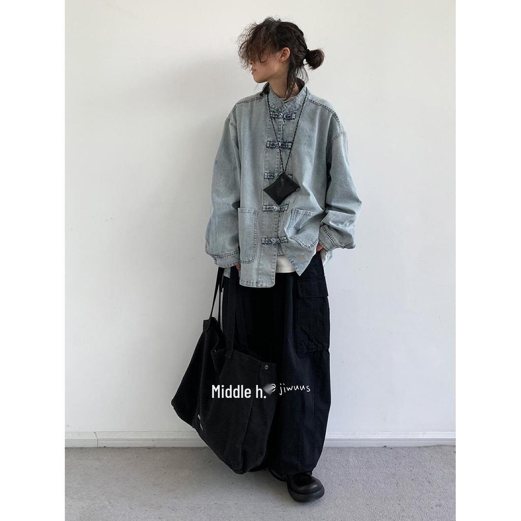 Unisex Retro Frog Button Denim Shirt: Versatile Blue Stand Collar Jacket for Men & Women