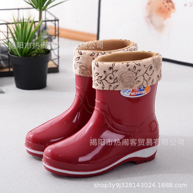 Fashion Medium Tube Rain Shoes Women's Canteen Water Shoes Non-slip Black Women's Rubber Shoes Adult Cotton Thermal Shoes