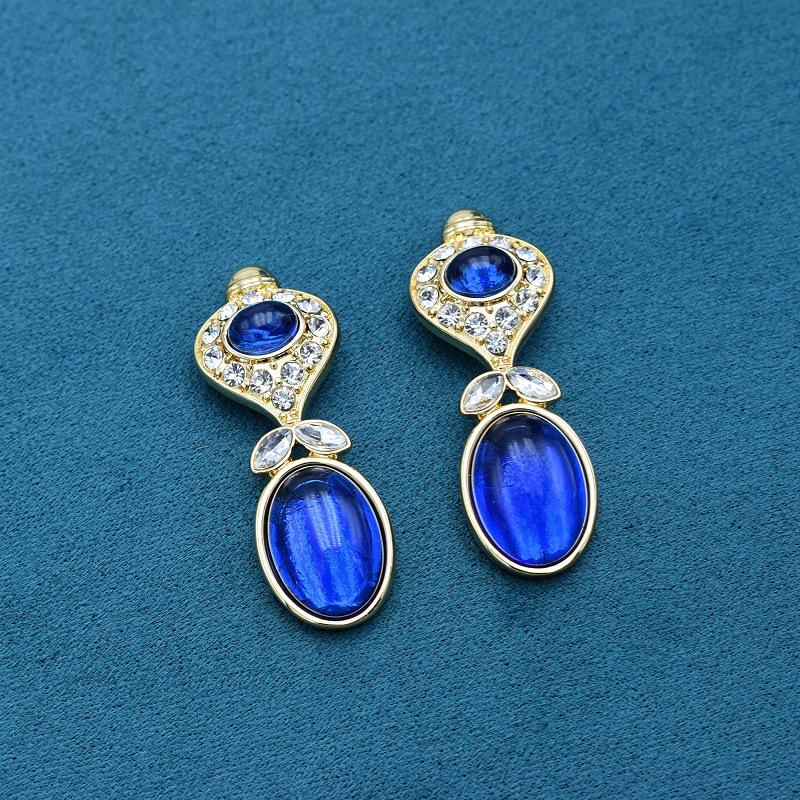 Vintage Blue Gemstone Gold-Plated Geometric Stud Earrings