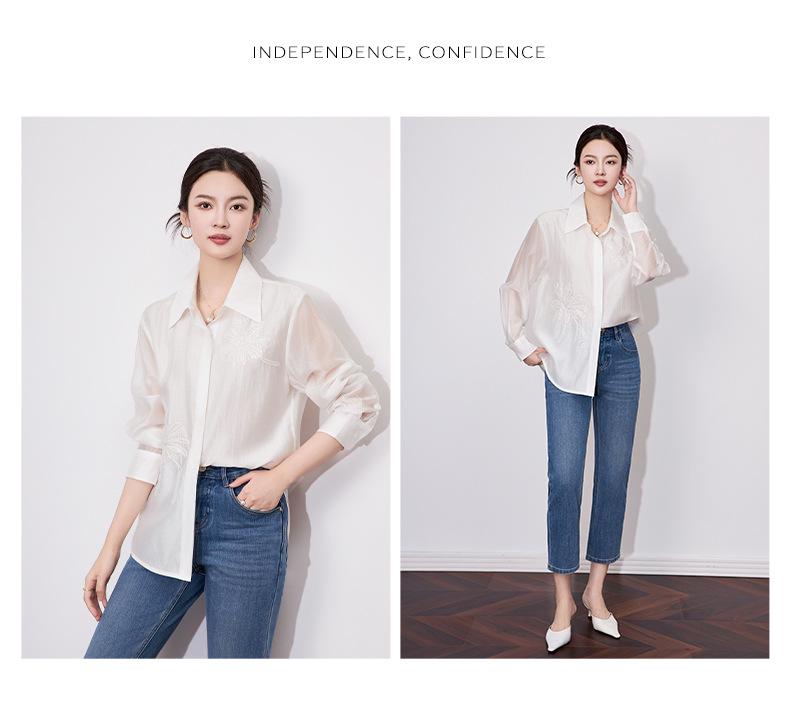 Elegant Women's Tencel Cotton Sequin Embroidery Long Sleeve Shirt with Lapel Design - Spring Collection