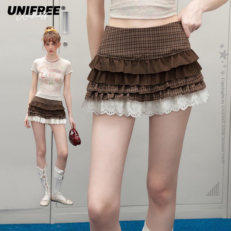 UNIFREE Retro Plaid Lace High-Waist Skort M