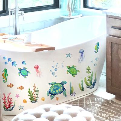 Pegatinas de pared con diseño de tortuga marina y caballito de mar, para habitación infantil, baño, decoración del hogar, papel tapiz autoadhesivo de animales marinos