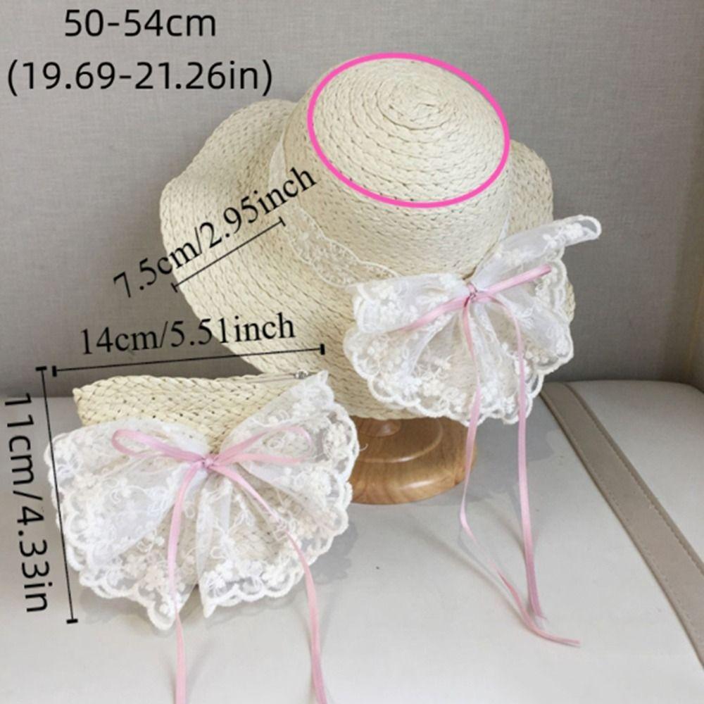 Soft Sweet Bowknot Straw Sun Hat Ribbon Lace Brim Girls Bucket Hat Korean Style Breathable Woven Handbag Girls