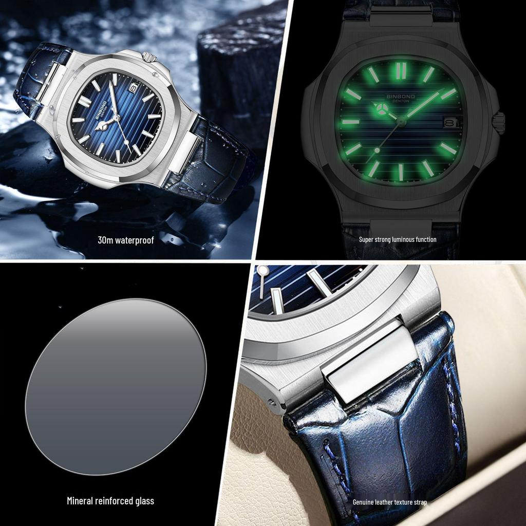Men's Fashionable Waterproof Luminous Calendar Watch with Genuine Leather Strap