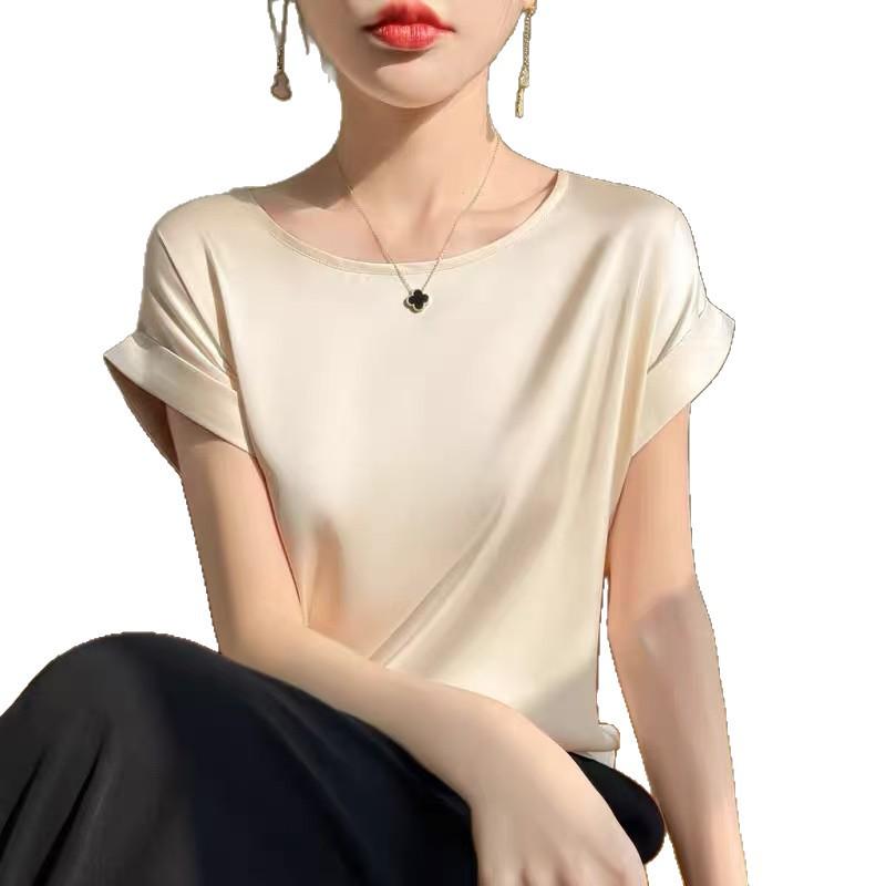 Damen Kurzarm-T-Shirt aus Seidensatin, Rundhalsausschnitt, Unifarben, Lockere Passform, Vielseitig, Schlankmachendes Drapier-Design