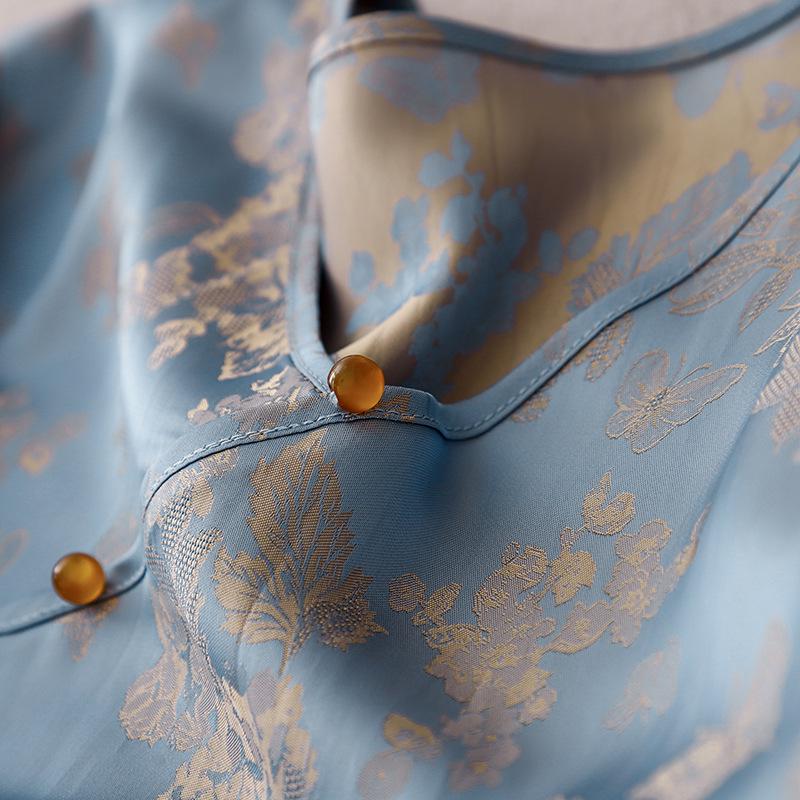 Neues Rayon Chinesisches Jacquard Sommerhemd im Nationalen Stil mit schrägem Knopfleisten