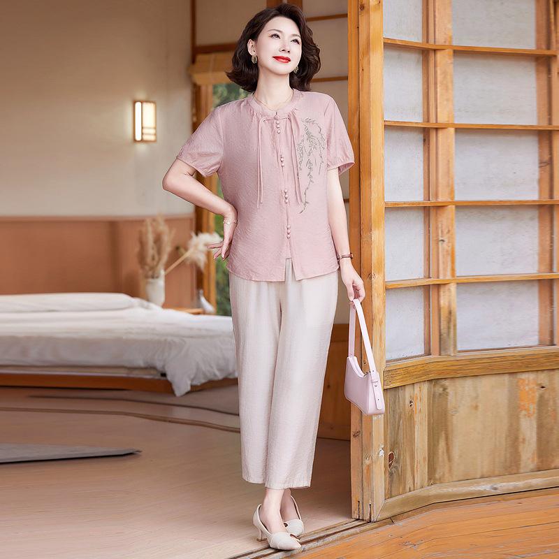 

Женский традиционный китайский летний костюм из хлопка и льна, состоящий из двух предметов, 2025 4XL