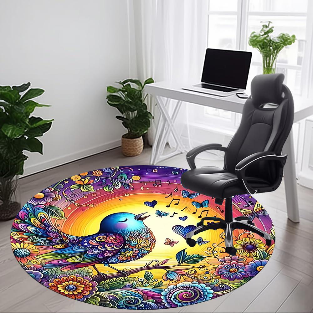 1pc Colorful Bird Illustration Chair Carpet for Office, Round Polyester Mat, Indoor Decor for Office, Easycare Fabric, Washable Non-slip Area Carpet