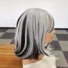 Anime Cosplay Perücke, kurze synthetische Perücke mit Pony, graues Haar mit schwarzen Highlights für Frauen, tägliches Partykostüm, Cosplay
