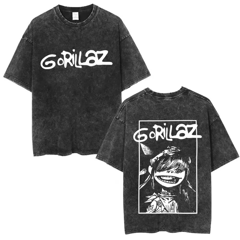 Washed Vintage Rock Band Gorillaz The Now Now Album Graphic T-shirt Men Retro Gothic Punk Tshirt Male Oversized T Shirt S