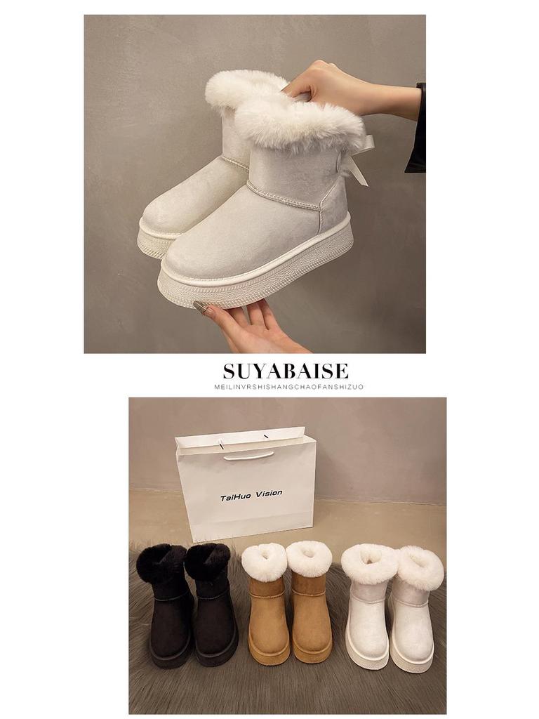 2025 Winter Thick-Soled Fleece-Lined Slip-On Snow Boots with Bow Detail - Warm Plus Size